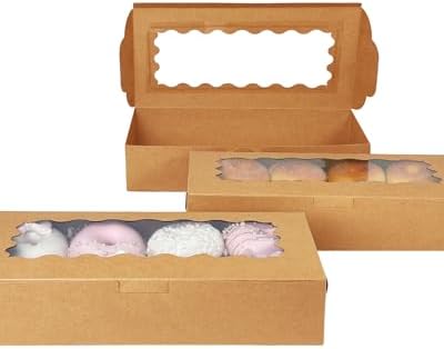 qiqee 50 Packs Brown Cookie Box with Window 12x5.5x2.5 Inch Two Uses Pastry Biscuit Bakery Box For Packaging - Image 6