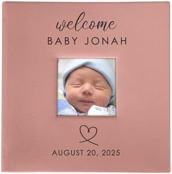 Personalized Photo Album, Custom Engraved Picture Album, Holds 200 4" x 6" Photos, Leatherette and Laser Engraved Scrapbook, Welcome Baby, Pink by GiftsForYouNow