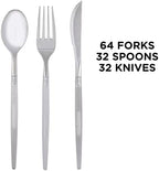 Luxe Party 128 Pieces Two Tone Plastic Disposable Cutlery | Forks-Spoons-Knives | Full Size | Chic Round | Clear and Silver - Image 2
