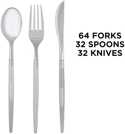 Luxe Party 128 Pieces Two Tone Plastic Disposable Cutlery | Forks-Spoons-Knives | Full Size | Chic Round | Clear and Silver - Image 2