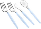 Luxe Party 128 Pieces Two Tone Plastic Disposable Cutlery | Forks-Spoons-Knives | Full Size | Chic Round | Ice Blue and Silver - Image 2