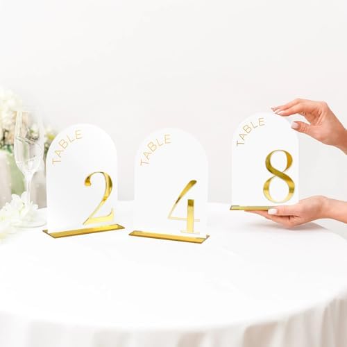 White Arch Wedding Table Numbers 1-10, Gold Numbers and Stands - Image 5