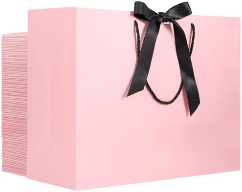 EUSOAR Pink Gift Bags, 50pcs 16"x6"x12" Large Gift Paper Bags with Handles, Heavy Duty Shopping Wedding Baby Shower Birthday Party Thank You Favor Paper Gift Treat Bags Bulk with Ribbon by EUSOAR