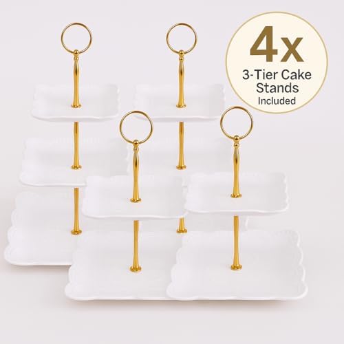 13-Piece Cake Display Set, 4 Square 3-Tier Cupcake Stands, Large Cake Stand, 6 Rectangular Trays, Golden Tongs & Server – Dessert Table Display for Weddings, Baby Showers & Parties - Image 3