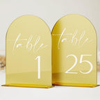 HOODO Gold Mirror Acrylic Wedding Table Numbers 1-25 with Stands, 5"x7" Arched Acrylic Signs and Holders, Gold Mirror Arch Table Numbers for Wedding Reception, Party, Anniversary, Event by Unknown