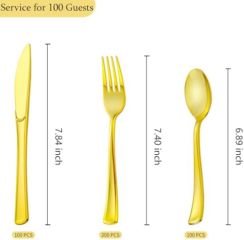 400PCS Gold Plastic Silverware, Gold Disposable Utensils, Heavy Duty Cutlery Set Includes 200 Forks,100 Knives,100 Spoons, Flatware for Party Wedding - Image 3