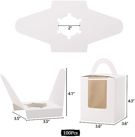 acDesign 100Pcs Cupcake Boxes With Window 3.6in*3.6in*4.3in Cupcake Carrier Individual With Handle and Inserts for Wedding Bakery Wrapping Party Favor Packing(White) - Image 2