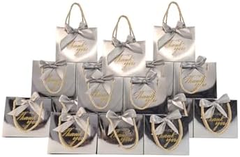 TKSBAG 100 Pack Small Thank You Gift Bags with Handles, 5.5''x 2.3''x4.7'' Mini Silver Gift Bags Bulk for Baby Shower, Birthday, Wedding, Party Favors, Back to School, Summer Party, Mother's Day by TKSBAG