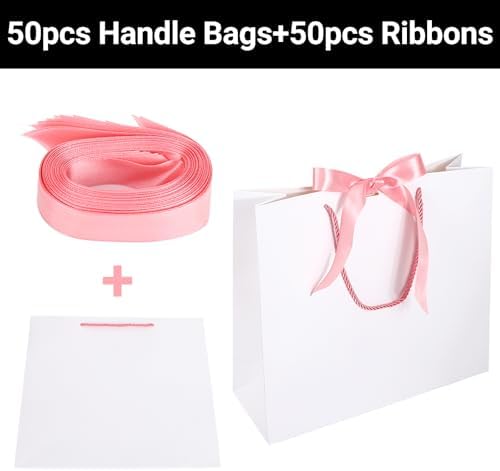 EUSOAR White Paper Bags, 50pcs 12.5"x4.5"x11" Heavy Duty Gift Paper Bags with Bow Ribbon Handle, Shopping Thank You Gift Treat Party Favor Paper Bags Bulk for Wedding Baby Shower Guests Bridal - Image 4