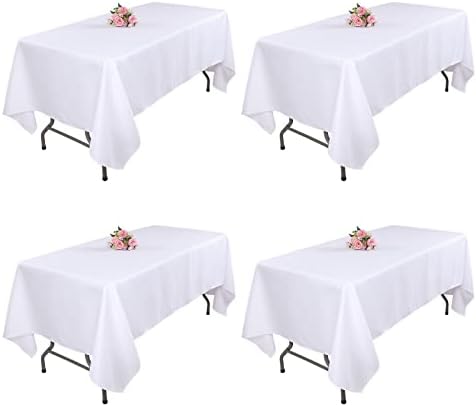 Kesfey 4 Packs White Polyester Table Cloths 60 x126 inch Rectangle High Density Washable Table Cover Fabric Tablecloth for 6 Foot Tables Wrinkle Resistant Tablecovers for Wedding Banquet Buffet Party by kesfeyhigh-qualitygoods