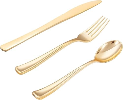 WDF 500PCS Gold Plastic Silverware Set Disposable - Gold Cutlery Set Plastic - 250Forks, 125 Spoons, 125 Knives for Party/Baby Shower/Wedding by WDF