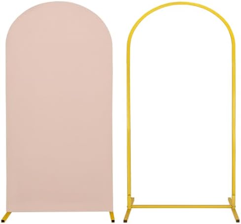 Metal Arch Stand and Cover Set,1 Nude Spandex Fitted Backdrop with 1 Gold Wedding Arched Stand Frame for Parties Birthday Baby Shower Bridal Banquet Decoration (6.6FT) by HAISIWLKJ