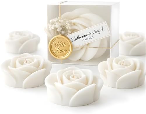 White Rose Petal Soy Wax Candles in Bulk – Rose Candle Wedding Favors for Guests, Personalized Candle Favors for Bridal Shower & Baby Shower Gifts – Dried Flower & Wax Seal Design (20 Pieces) by MoreAndMoreFavors