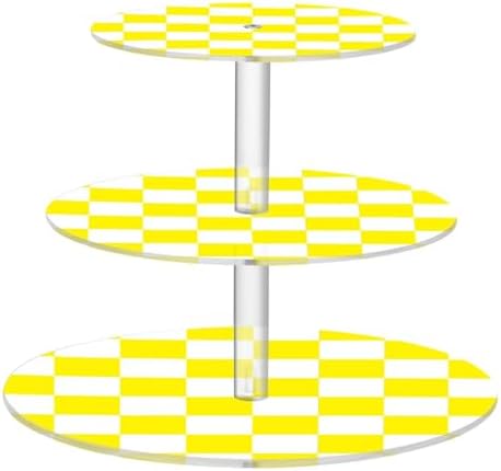 J JOYSAY Chess Checkerboard Yellow White Print Acrylic Cupcake Stand 3 Tier Dessert Table Display Set Clear Cake Stands for Wedding Baby Shower Party Decorations Easy Assembly Pastry Tower by J+JOYSAY