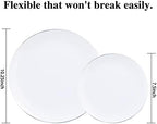 KIRE 100PCS Silver Plastic Plates - Heavy Duty White Disposable Plates with Silver Rim for Party/Wedding - Include 50Pcs 10.25inch Dinner Plates and 50Pcs 7.5inch Dessert Plates for Party - Image 5