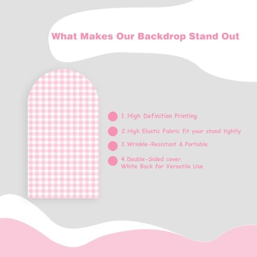 Checkered Gingham Arch Backdrop Cover 7.2ft Pastel Pink and White Classic Plaid Pattern Girl Bridal Baby Shower Birthday Party Stretchy Arched Photo Booth Decorations 7ft - Image 5