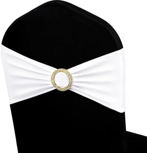 White Chair Sashes 50 Pack with Gold Buckle Slider, Spandex Sashes for Folding Chairs Wedding Party Banquet Decor by MAGTOWNE