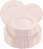 WDF 100pcs Pink Plastic Plates - High-end Baroque Design - Pink and Gold Plates - Including 50 Disposable Plate 10.25inch, 50Salad Plate 7.5inch for Wedding/Baby Shower/Spring/Birthday by WDF