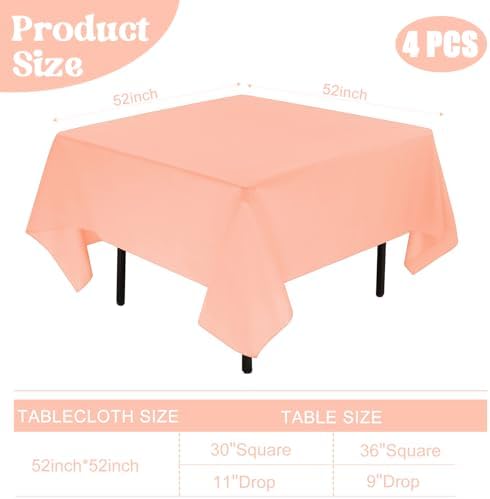 4 Pack Square Table Cloth 52x52 Inch Tablecloth Machine Washable Fabric Polyester Table Cover for Dining, Buffet Parties, Picnic, Events, Weddings Decor（Peach Coral） - Image 2