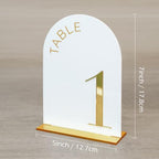 White Arch Wedding Table Numbers 1-10, Gold Numbers and Stands - Image 2