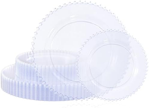 U-QE 60PCS Clear Plastic Plates - Fancy Beaded Plates Disposable Heavy Duty by U-QE