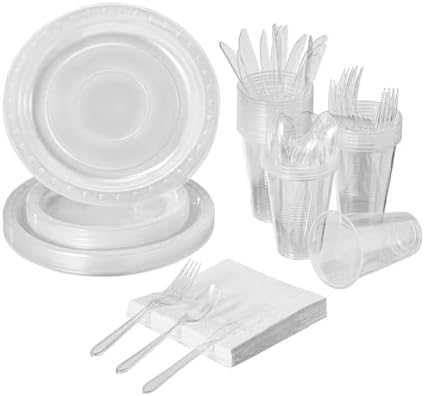 FULING 175 PCS Clear Party Supplies Disposable Dinnerware Set Plastic Plates and Paper Napkins Cups Silverware Serve 25 Sets for Birthday Bridal Shower Wedding Engagement Graduation Parties by FULING