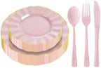 150Pcs Plastic Plates with Gold Rim,Heavy Duty Pink Plates for 30 Guests,Plastic Dinnerware Set Include 30 Dinner Plate,30 Dessert Plate,90 Gold Cutlery Set for Party (Pink) by ZHZJCKSHB