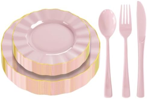 150Pcs Plastic Plates with Gold Rim,Heavy Duty Pink Plates for 30 Guests,Plastic Dinnerware Set Include 30 Dinner Plate,30 Dessert Plate,90 Gold Cutlery Set for Party (Pink) by ZHZJCKSHB