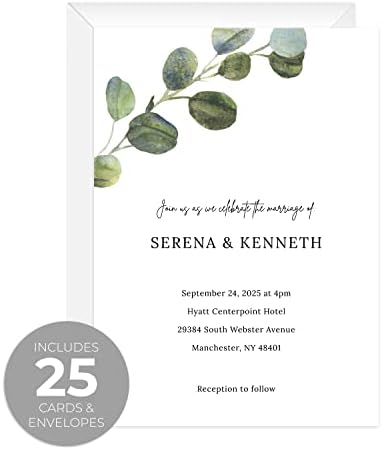 Personalized Eucalyptus Wedding Invitations / 25 Modern Watercolor Greenery Floral Custom Invites With White Envelopes / 5" x 7" Flat Botanical Engagement Party Anniversary Invitation / Made In The USA - Image 2