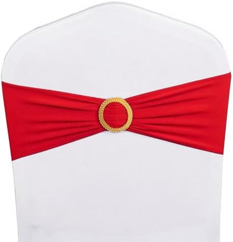 Pack of 50 Spandex Red Chair Sashes with Gold Buckles, Stretch Chairs Sashes for Wedding Party Baby Shower Ceremony Event Decorations Chair Bands Bows (Red Sashes, Gold Buckles) - Image 2