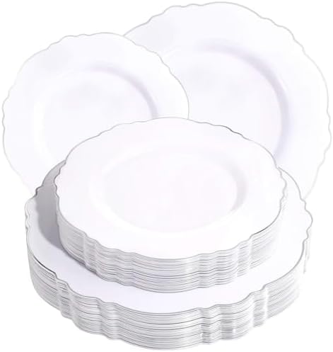 WDF 60pcs Silver Plastic Plates-Baroque White &Silver Plates for Upscale Parties &Wedding-including 30Plastic Dinner Plate 10.25inch, 30 Salad Plate 7.5inch for Baby/Shower/Wedding/Independence Day by WDF