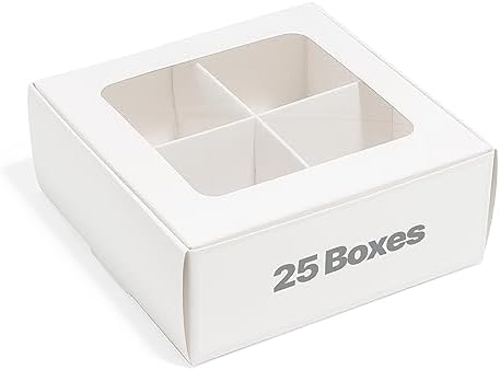 25 pcs White Mini Cookie Boxes with 4 treats Windows and Dividers, Bakery Boxes, 6 x 6 x 2.4 Inches SMALL Baking Boxes, Square Cookies Box Decorating Supplies for Gift Giving by ModsyBaking