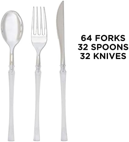 Luxe Party 128 Pieces Two Tone Plastic Disposable Cutlery | Forks-Spoons-Knives | Full Size | Neo Classic | Clear and Silver - Image 3