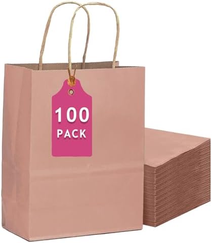 qiqee 100PCS Gift Bag with Handles Bulk Kraft Dusty Pink Paper Bags Multiple Uses (13"x10.3"x4.6"- Large Size) by Qiqee