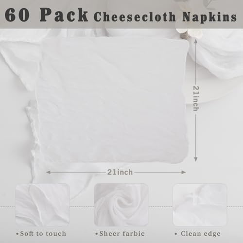 60 Pack White Cheesecloth Napkins Washable 21x21 Inches White Cloth Napkins Set of 60 Dinner Table Napkins for Wedding Cotton Gauze Bridal Baby Shower Rustic Boho Summer Party Table Decor - Image 3