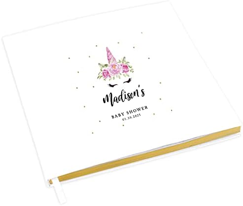 Andaz Press Personalized Baby Shower Guestbook with Gold Accents, Unicorn Theme Custom Name, Date, White Guest Sign in Registry 120 Pages 8.5 X 8.5 Memories Book for DIY, Scrapbook, Photo Album by AndazPress