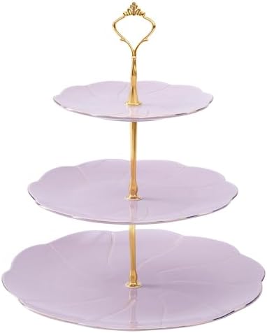 DUJUST Luxury Larger 3-Tier Cupcake Stand Tower, British Style Porcelain Serving Tray with Golden Trim, Food Grade Dessert Display Stand for Tea Party & Home Décor - 45% Purple Larger Plates by DUJUST