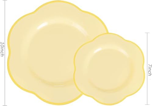 Liacere 50PCS Yellow Plastic Plates - Heavy Duty Yellow Disposable Plates -Yellow and Gold Plates Include 25PCS 7inch Desert Plates and 25PCS 10inch Dinner Plates for Party & Baby Shower & Wedding - Image 2