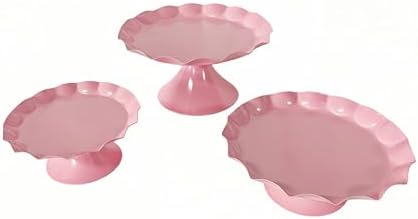 3 Pcs Pink Metal Cupcake Stand Scalloped Edge Dessert Display Tray - Image 3