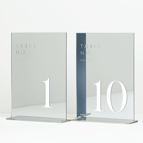 Sliver Wedding Table Numbers 1-10 with Stands, 5"x7" Sliver Mirror Acrylic Table Numbers for Wedding Reception(Sliver Mirror White Font, Number 1-10, 5"x7") by JINMURY