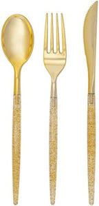 Luxe Party 128 Pieces Two Tone Plastic Disposable Cutlery | Forks-Spoons-Knives | Full Size | Chic Round | Glitter and Gold by LuxeParty