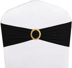 Pack of 50 Black Chair Sashes with Gold Buckles Spandex Chair Bands Bows - Image 2