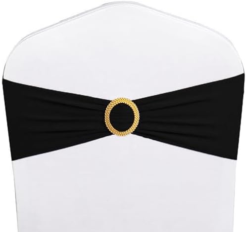 Pack of 50 Black Chair Sashes with Gold Buckles Spandex Chair Bands Bows - Image 2