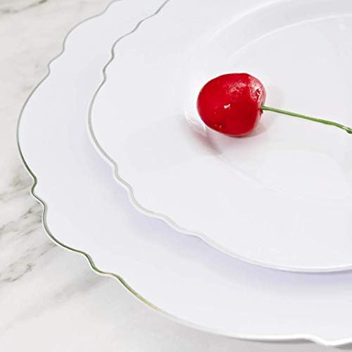 WDF 100pcs Silver Plastic Plates - High-end Baroque Design - Heavy Duty White &Silver Plates for Christmas Upscale Parties &Wedding - Image 4