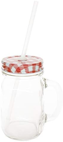 Sunshine Mason Co. Glass Mason Jar Drinking Mug set with handle, Red Gingham lids and Clear Straws, Set of 6 - Image 2