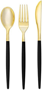 Luxe Party 128 Pieces Two Tone Plastic Disposable Cutlery | Forks-Spoons-Knives | Full Size | Chic Round | Black and Gold by LuxeParty