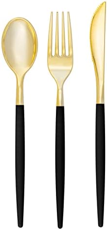 Luxe Party 128 Pieces Two Tone Plastic Disposable Cutlery | Forks-Spoons-Knives | Full Size | Chic Round | Black and Gold by LuxeParty