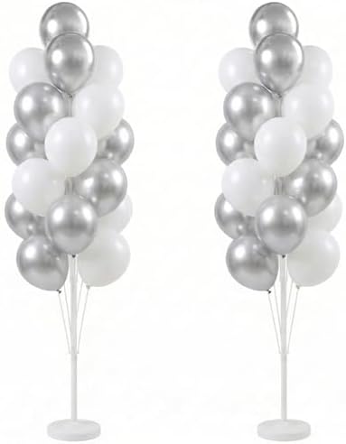 Balloon Column Kit Set of 2 With Balloons Included - with Base, and Pole,Balloon Tower Backdrop Decoration for Wedding, Baby Shower, Birthday Party, or Bachelorette Parties (Silver White) by HiinsPartyDecoration