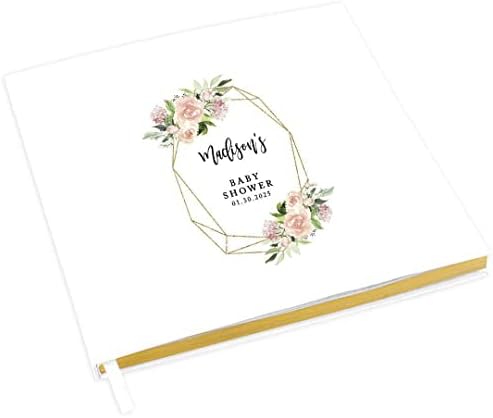 Andaz Press Personalized Baby Shower Guestbook with Gold Accents, Geometric Blush Pink Florals Custom, White Guest Sign in Registry 120 Pages 8.5 X 8.5 Memories Book for DIY Scrapbook Photo Album by AndazPress