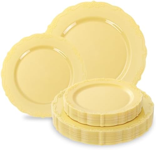Tinybee 60PCS Yellow Plastic Plates - Heavy Duty Yellow Disposable Plates by Tinybee
